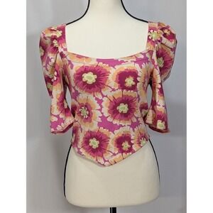 Free People Floral‎ Open Back Puff Sleeve Top Small